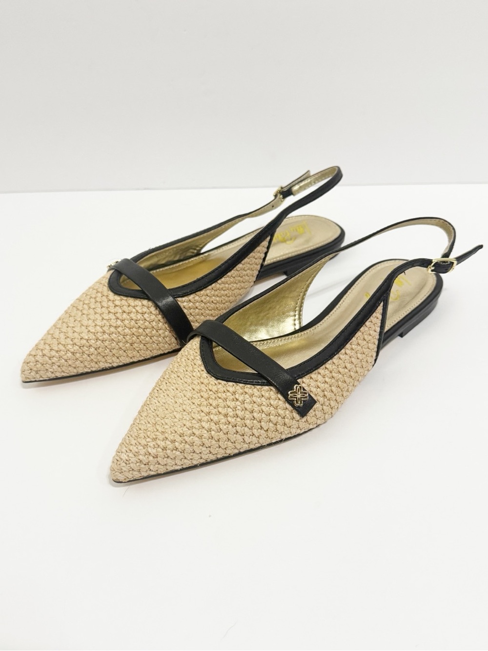 Lilly Pulitzer Malia raffia Woven Pointed Slingback Sandals with Black trim 6.5
